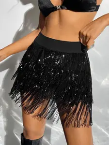 Black Fringe Trim Sequin Decor Concert Outfits Skirt