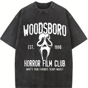 Woodsboro Horror Film Club TShirt Featuring Scream Ghost Face Design For Thriller Movie Fans Spooky Season Streetwear Womenswear