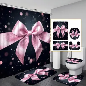 1pc/4pcs 2D Flat Pink Bow Pattern Multi-color Background Shower Curtain, Modern and Personalized Home Bathroom Art Decoration, Shower Curtain Set with 12 Hooks, Bathroom Non-slip Mat, Toilet Seat Cover, Holiday Decoration, Bathroom Decoration Accessories