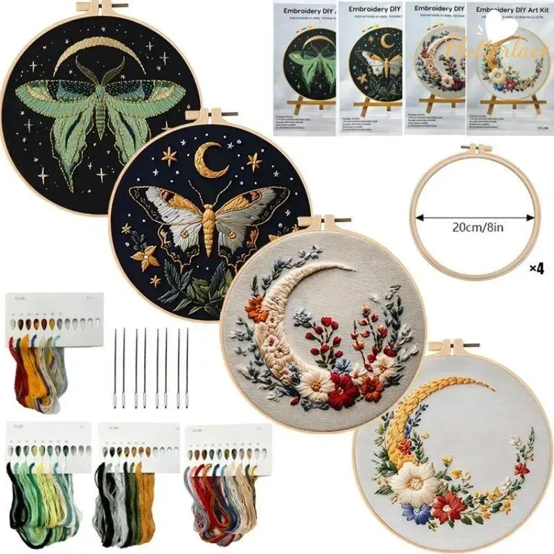 Butterfly Moon Beginner Embroidery Kit - DIY Cross Stitch Set with Printed Cotton Fabric, Threads, Needles, Handmade Art, Relaxing Craft for Adults, Home Decoration, Birthday Gifts