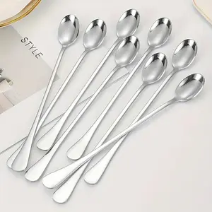 Stainless Steel Long Handle Ice Tea Spoon (5 Counts), Coffee Stirring Spoon, Dishwasher Safe, Kitchen Accessories, Flatware Set, Kitchenware, Utensils