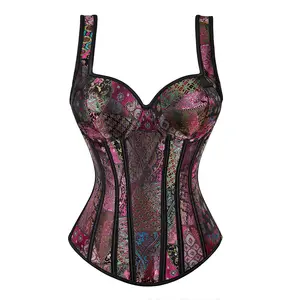 VINTESSA Floral Jacquard Lace Up Corset Tops For Women Gothic Jacquard Shoulder Straps Tank Overbust Corset Bustiers 1569 live-1