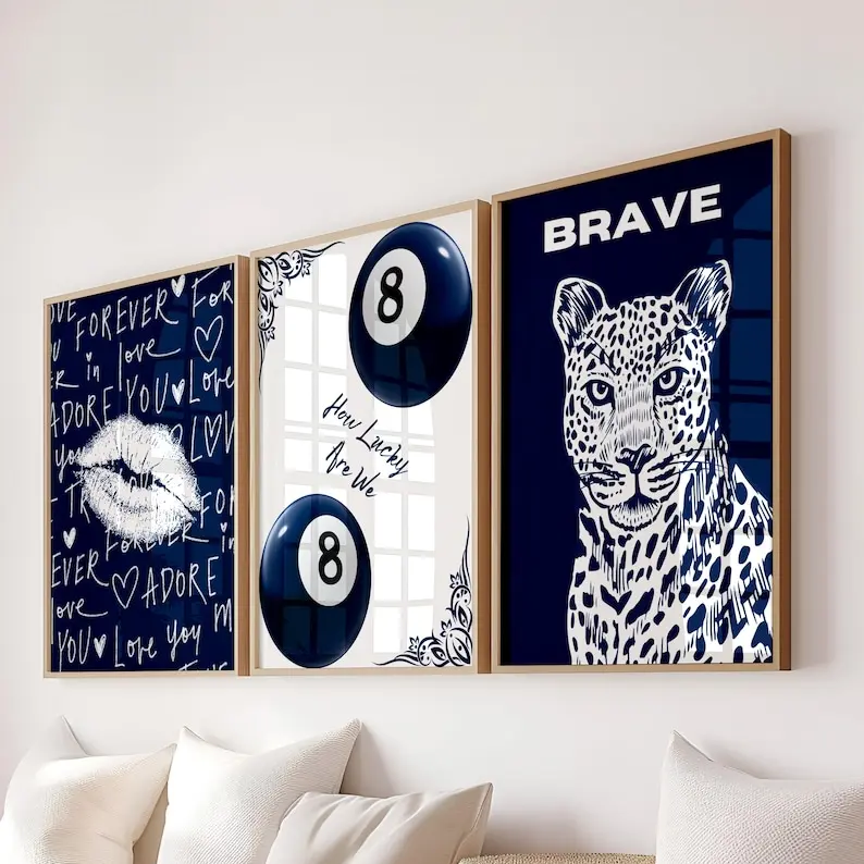 Navy Wall Art Set of 3 Retro 8 Ball Poster Blue Leopard Print Trendy Kiss Lips Digital Prints Preppy Aesthetic Dorm Room Decor Printable Art