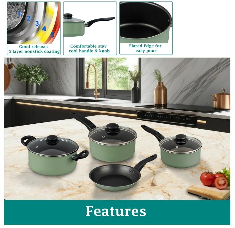 7 Piece Nonstick Aluminum Pots and Pans Cookware Set, Green