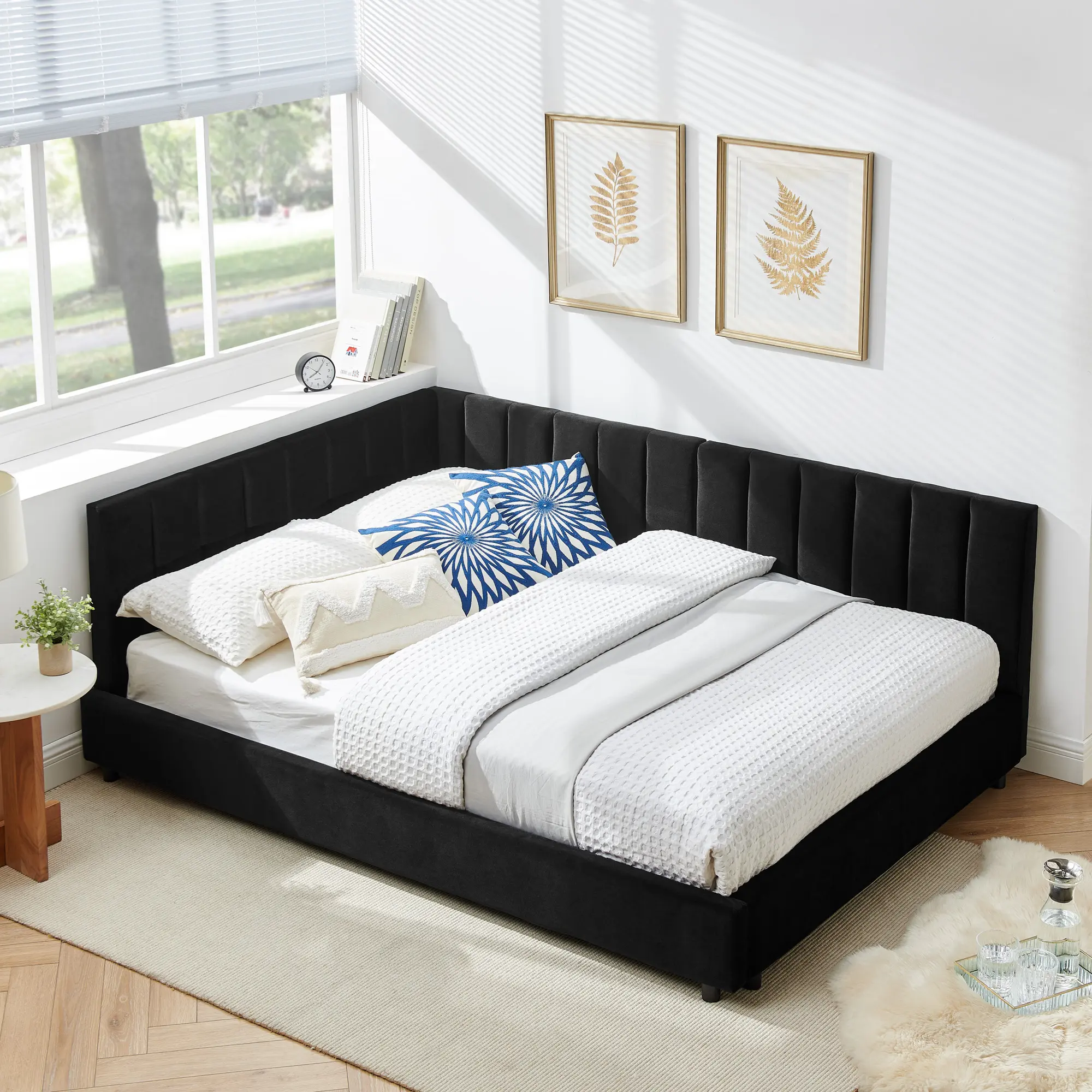 Niccae Full Size Upholstered Bed Frame  with Comfey Backrest and Armrests for Home Interior Apartment Furniture Corner Headboard（ 81''x60''x29.5'' ）