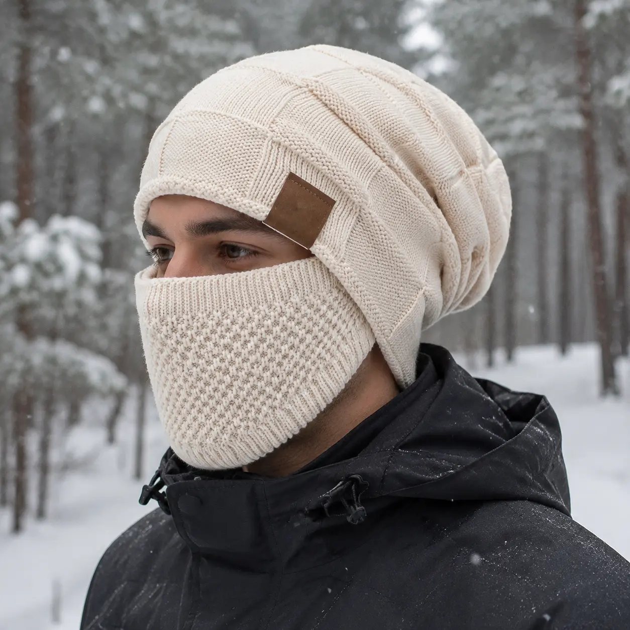 Winter warm cycling hat with ear protection, fleece lining and extra thickness for cold protection,Winter All-in-1 Protection Hat - Dual-Layer Windproof, Ultra-Soft Fleece Lined, High-Elastic Comfort Fit, Classic Leather Accent