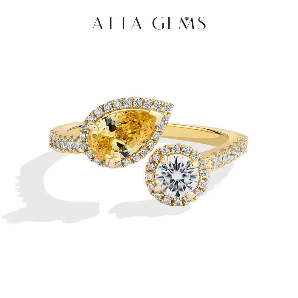 ATTAGEMS Women's 925 Sterling Silver Adjustable Ring - 1CT Pear Cut Yellow Zircon, 4.5mm Round Cut Lab-Grown Moissanite - Beautiful, Elegant Fashion, Fine Moissanite Rings for Party Anniversary Holiday Gift R344, Beautiful Rings