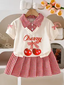 Girls' 2-Piece Plaid Patchwork Short Sleeve Set, Cherry Print Blouse & Plaid Skirt, Cute Casual Summer for Kids
