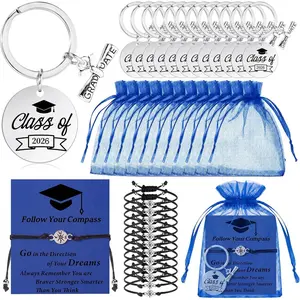 48 Pcs Class of 2026 Graduation Gifts Including Keychain Compass Bracelets Organza Bags for College Seniors Graduation (Royal Blue)