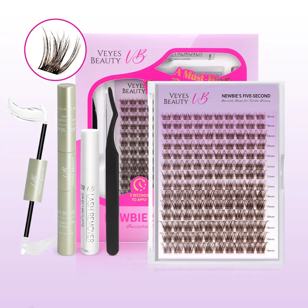VEYESBEAUTY LuxeBold DIY Eyelashes Clusters Kit, Brown False Lash Extensions with Bond, Seal & Tweezer for Dramatic, At-Home Lashes On Fleek