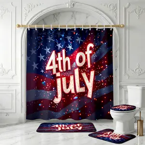 【Patriotic Spirit】Shower Curtain Set – "4th of July" Glitter Text with American Flag Bathroom Decor – 4 Piece Bath Set with Mat – Waterproof, Non-Slip Bathroom Rug Set perfect for Independence Day Celebration, Patriotic Home Decor