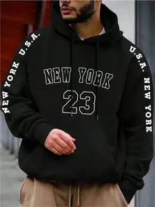 Plus Size Letter & Number Print Pocket Hoodie, Casual Long Sleeve Hooded Sweatshirt for Fall & Winter, Men's Plus Size Sportswear for Outdoor Activities