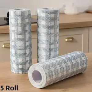 5 Rolls Blue Checkered Lazy Cloth, Highly Absorbent Kitchen Cleaning Cloths, Disposable Dishwashing Towels, Soft Non-Woven Fabric