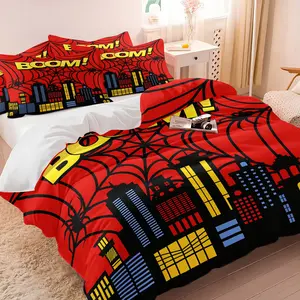 Spider City BOOM Trendy Duvet Cover Set and 1-2 Pillows Without Inserts, Comic Style Red Web Background City Silhouette, Soft Comfortable Bedding, Dynamic Trendy Bedroom Decor, Gift for Kids, Teens