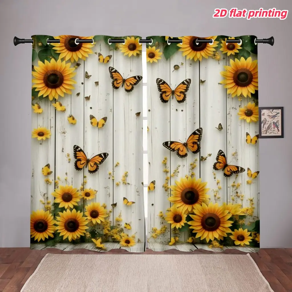 2D Flat 2Pcs, artistic sunflower and butterfly print curtains, Home Decorative Polyester Curtain, on a rustic wood panel background, with loop, perforated design, semi sunshade, for home living room, bedroom, balcony, kitchen window decoration