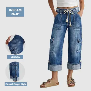 Flamingal Drawstring Flap Pocket Roll Hem High Waist Straight Leg Crop Jeans