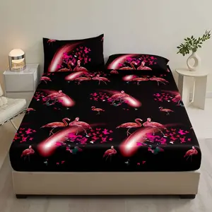 Neon Flamingo Bedding Set for Trendy Girls, Fitted Sheet + Pillowcases, No Pillow Inserts, Bedroom, Dorm & Rental, Holiday Style, Bed Sheets Set
