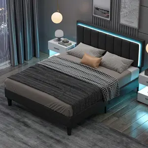 PU Leather LED Floating Bed Frame With Under Storage No Box Spring Needed