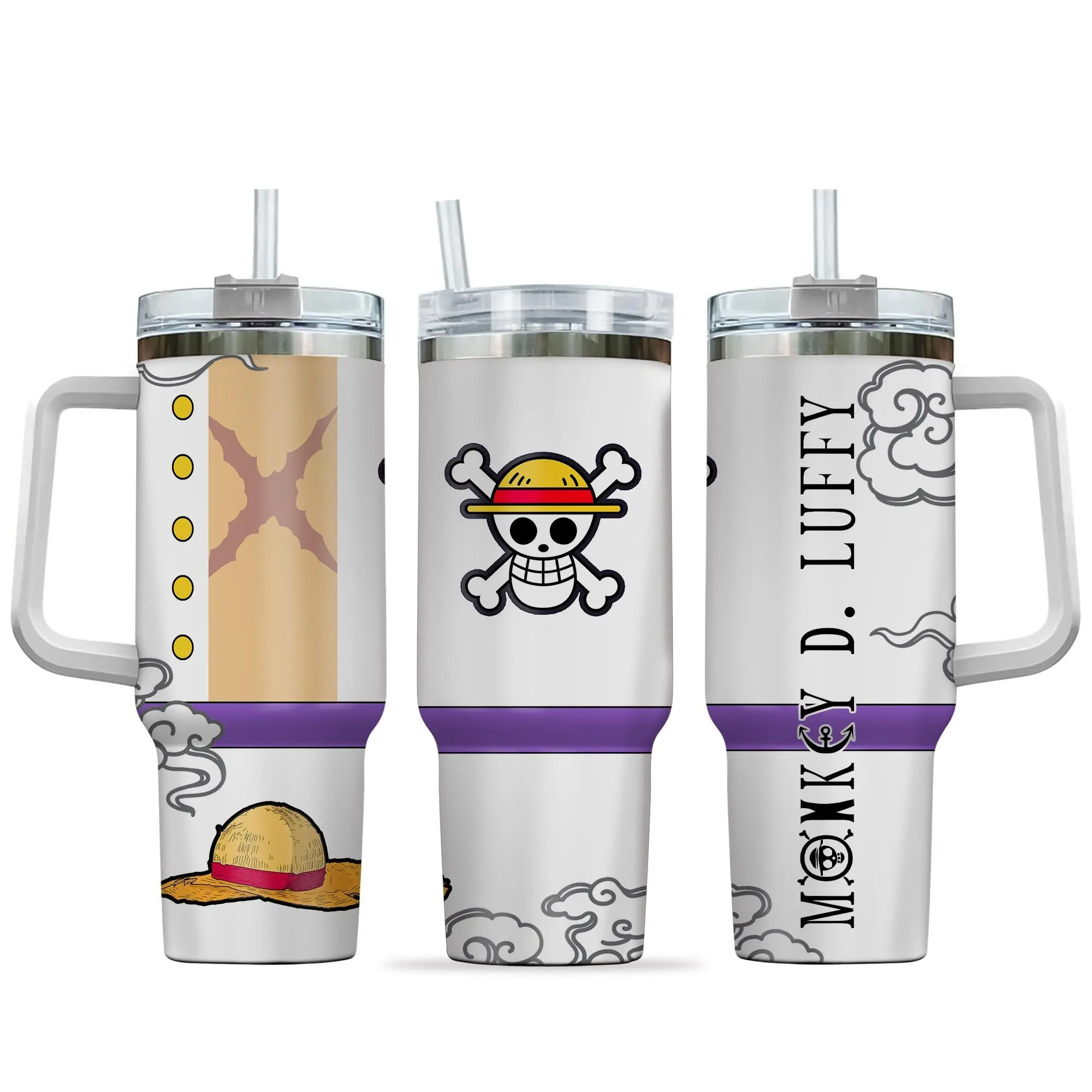 OP Symbols Insulated Tumbler with Handle and Straw - 40oz Stainless Steel Travel Mug - One Piece Gift for Fans - Double Wall Vacuum Cup for Hot/Cold Drinks, Stainless Steel Travel Mug