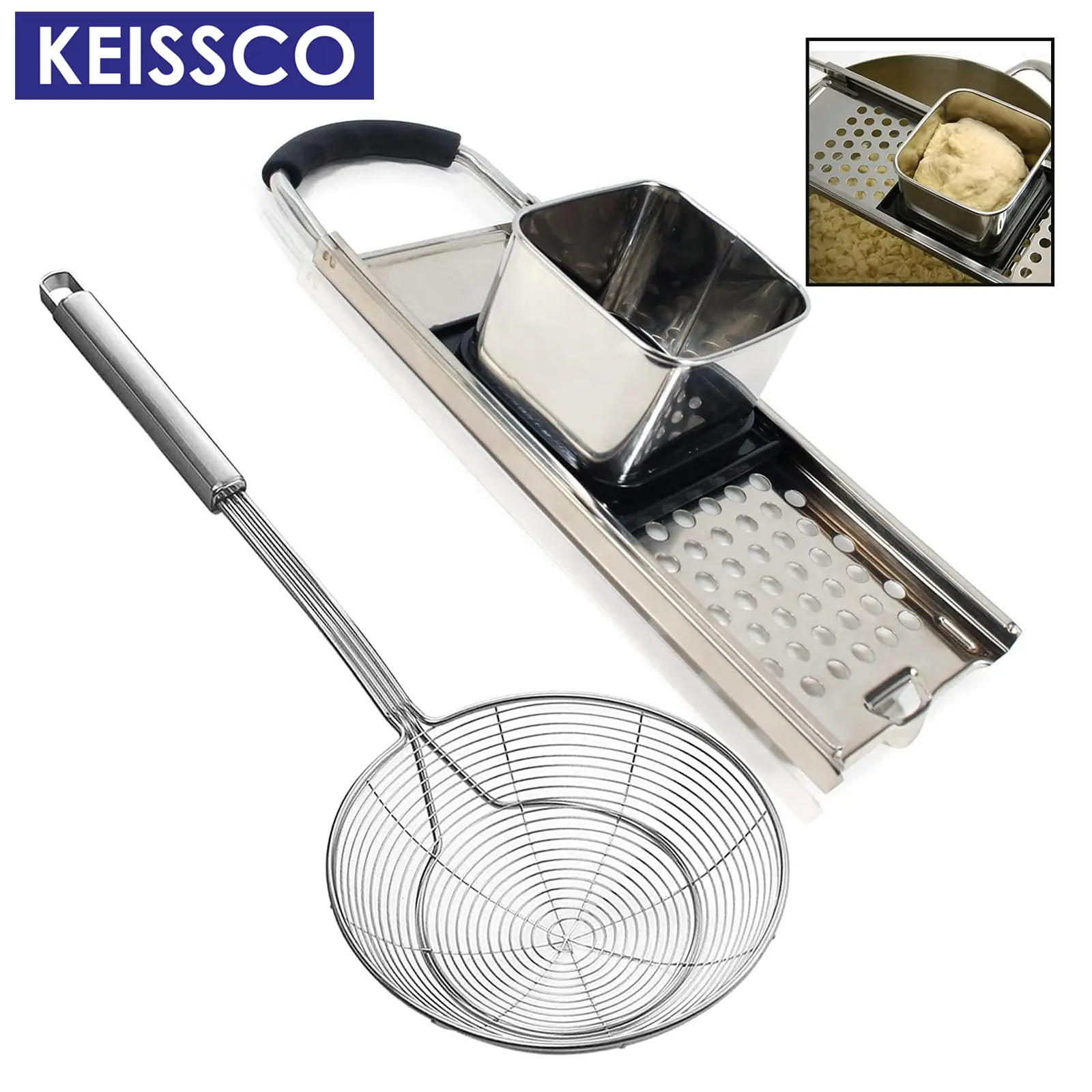 Premium Grade Stainless Steel Spaetzle Maker with Comfort Grip Handle, Stainless Steel Spider Strainer Skimmer Spoon Pasta Strainer, Homemade Traditional German Egg Noodle Dumpling Making Tool Set