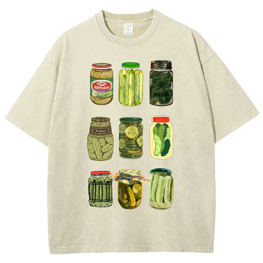 Men's Vintage Washed Heavyweight Stone Wash Oversized Cotton Short-Sleeve Casual T-Shirt - Pickle Jars Collection Funny Pickle Lover Graphic Top, Casual Dress Tee, Tops, Shortsleeve Menswear Apricot Streetwear Fabric Soft Crewneck