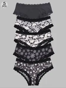 Morvia Women's Skull & Eyeballs & Bats & Ghosts & Spiders Print Contrast Lace Panty, Casual Comfy Breathable Knicker for Daily Wear, Ladies Underwear for All Seasons