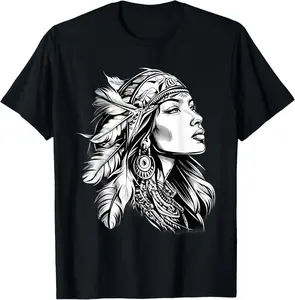 100%cotton Native American Indian Tribe Girl Feather Headdress T-Shirt