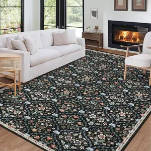 GARVEE Washable Rug 5x7 Non Slip Vintage Rugs Oriental Area Rug Floral Trellis Rugs Non Shedding Low Pile Carpet Indoor Floor Cover for Bedroom Living Room, Black