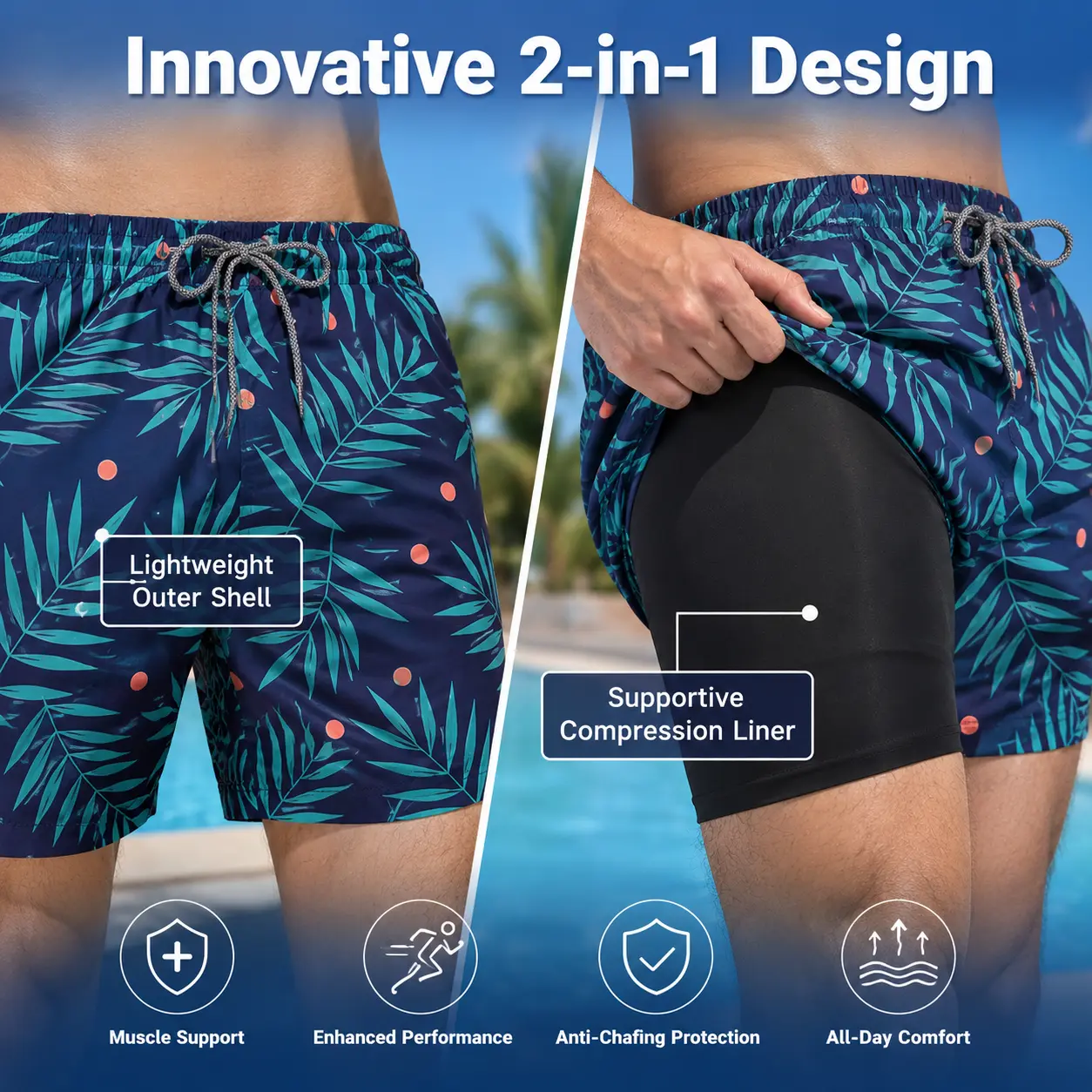 Men's 2-In-1 Quick-Dry Beach Swim Trunks with Elastic Waist, Compression Lining, Mesh Pocket & Polyester Fabric - for Pool, Holiday Wear Casual trending now dressed down spring summer loose fit