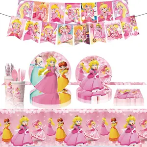 Cartoon Peach Princess Birthday Party Decor Peach Balloons Disposable Tableware Backdrops Baby Shower Kids Girls Party Supplies