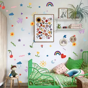 Fun Graffiti Fabric Wall Stickers, Lightning Bird Sun Flower Natural Wall Decals, Ideal for Bedroom Living Room Dining Room Home Decor, Decorative Wall Sticker