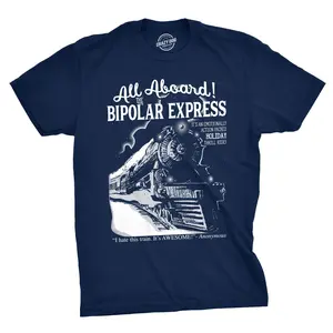 Mens All Aboard The Bipolar Express T Shirt Funny Family Holiday Tee Mens Funny T Shirts Cool Vintage Fashion T-Shirt Gift Classic Menswear Funny Sarcastic Short Sleeve Novelty Tees for Guys Navy