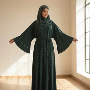 Dubai Umbrella Elegant Beige Maxi Dress with Bell Sleeves and Waist Tie for Women Embroidered Fashion