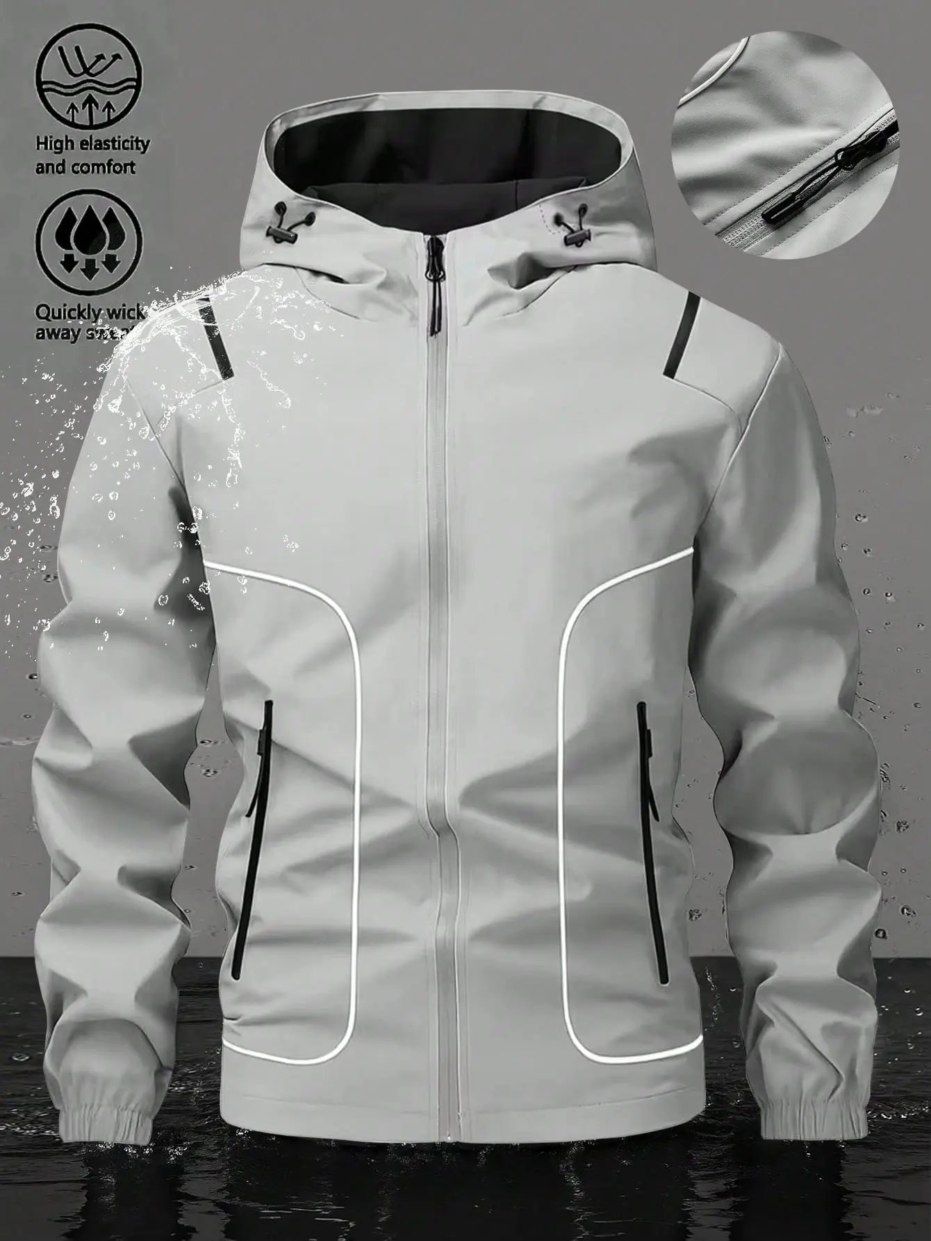 Outdoor windproof waterproof hooded softshell jacket with reflective lines for high visibility, highly elastic and comfortable men’s outerwear for cycling and commuting