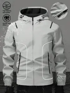 Outdoor windproof waterproof hooded softshell jacket with reflective lines for high visibility, highly elastic and comfortable men’s outerwear for cycling and commuting