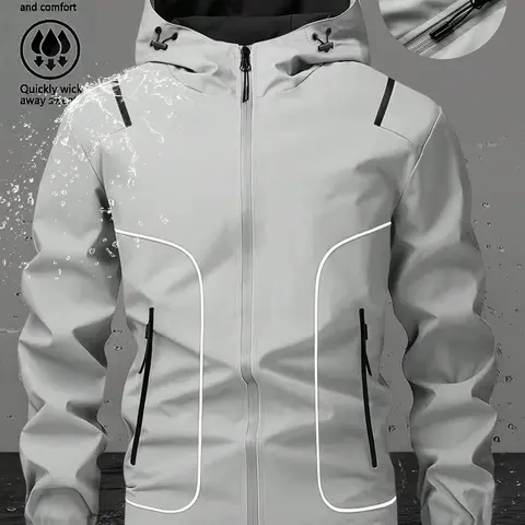 Men's High Elasticity Hooded Polyester Hardshell Casual Outdoor Jacket - Loose-Fit, Long Sleeve, Windproof, Waterproof, Striped, Normal Type, Machine Washable, for Adult Cyclists, Indoor/Outdoor All-Season Jackets