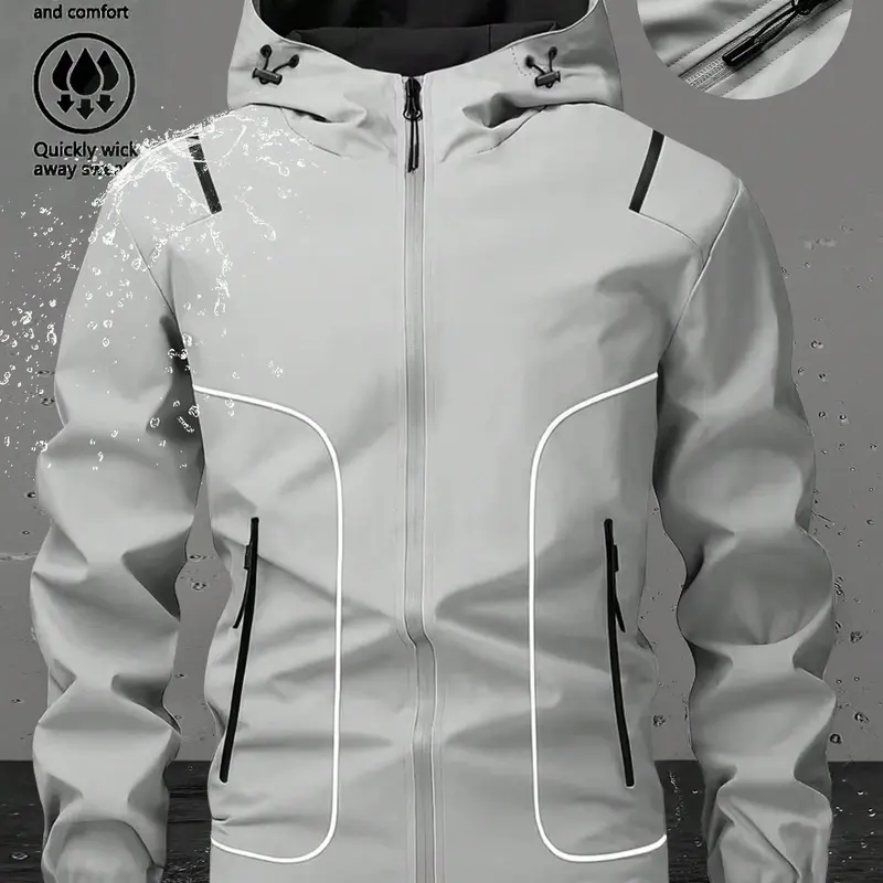 Men's High Elasticity Hooded Polyester Hardshell Casual Outdoor Jacket - Loose-Fit, Long Sleeve, Windproof, Waterproof, Striped, Normal Type, Machine Washable, for Adult Cyclists, Indoor/Outdoor All-Season Jackets