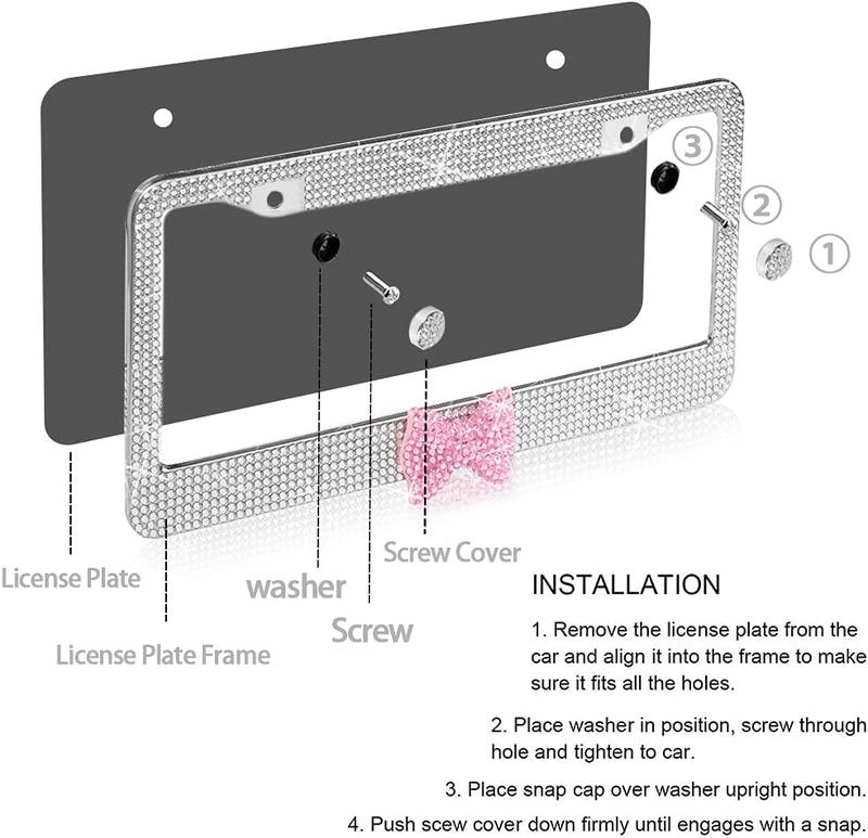 2 Pack Bling License Plate Frame, Rhinestone Premium Stainless Steel License Plate Frame, Facets Clear Color Rhinestone Crystal, Girly Car Accessories Automotive Vehicle