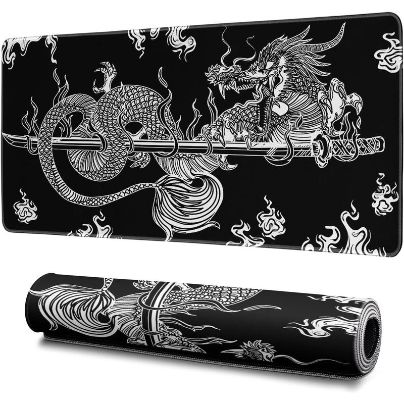 Dragon Gaming Mouse Pad Black Large Mouse Pad for Keyboard and Mousepad Desk Mat with 3mm Non-Slip Base and Stitched Edge for Gaming and Office Computer Mat Protector Mat 24x14Inch