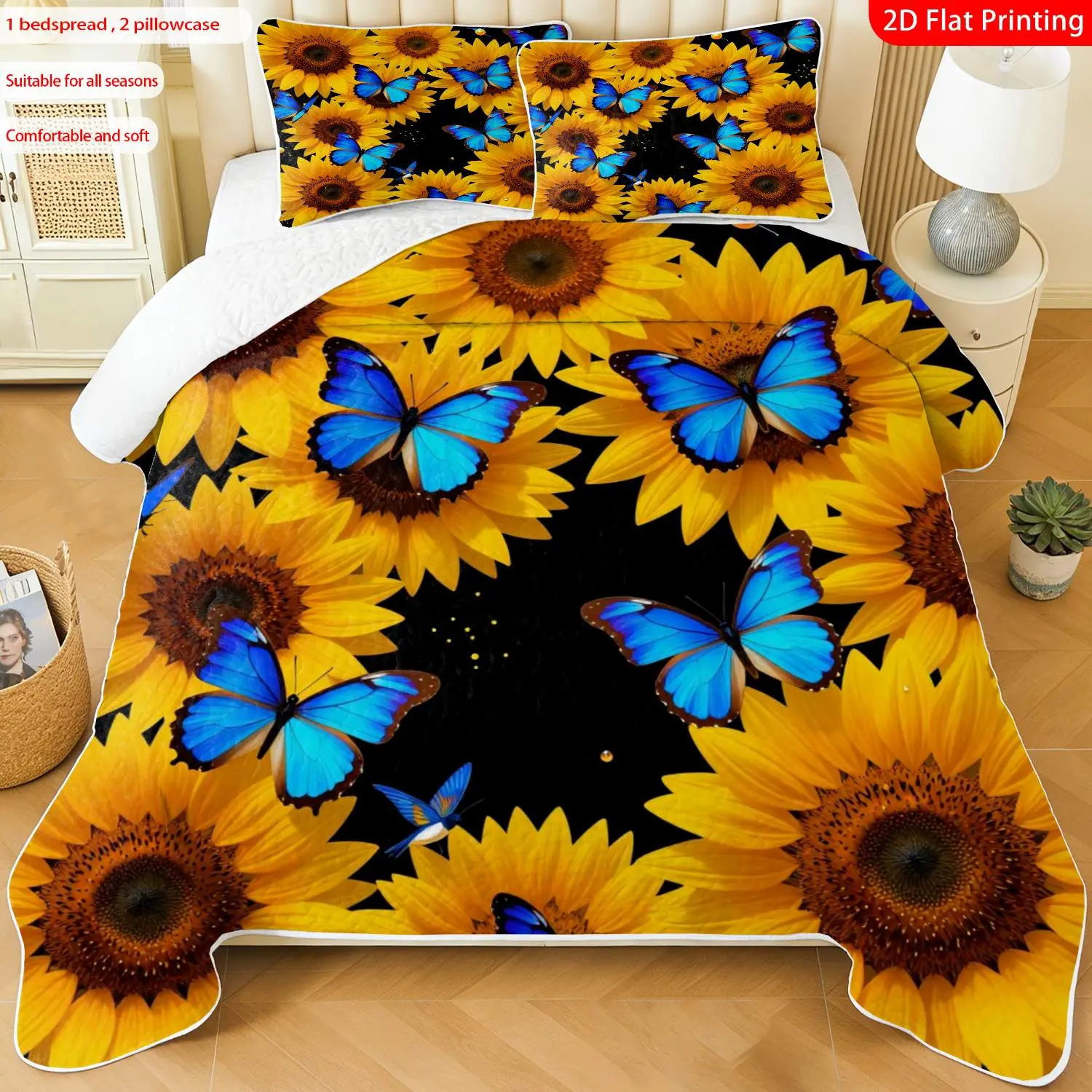 3pcs, 2D flat print Sunflower & Blue Butterfly Bedspread Set, multiple sizes available, bedding set, festive decorative bedding, ideal for bedroom décor(1 bedspread , 2 pillowcase)