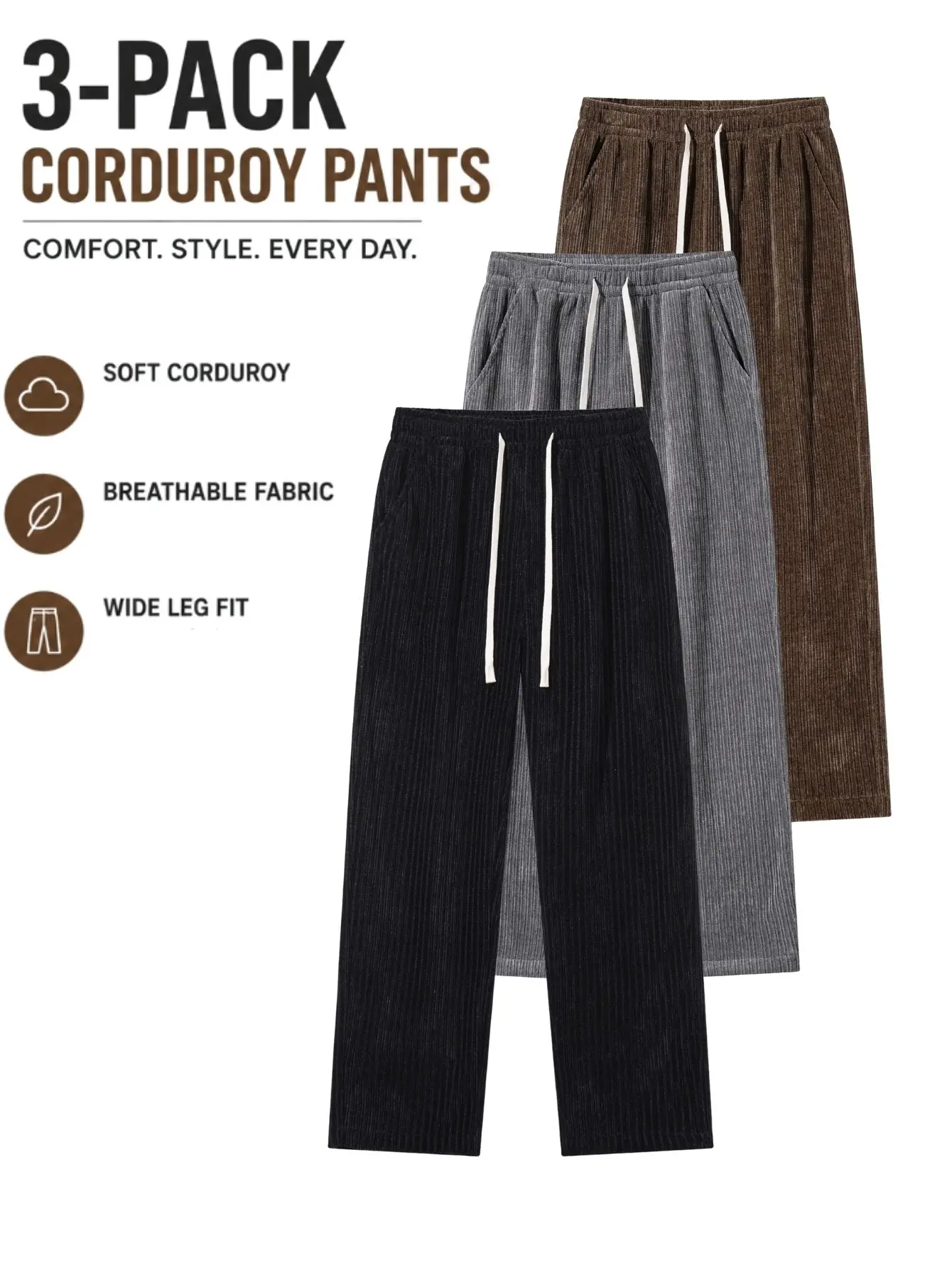 3-Pack Men’s Soft Flannel Wide-Leg Pants for Winter – Drawstring Elastic Waist, Hip-Hop Style, Loose Fit Everyday Long Pants