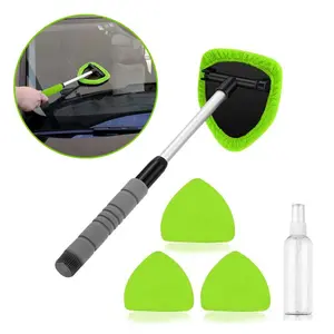 Windshield Cleaner Tool - Extendabie HandleAuto Glass Wiper Kit with 3 Reusable Washable Microfiber Pads,Perfect for Car Interior & Exterior,Cleans Dirty Windows Easily.