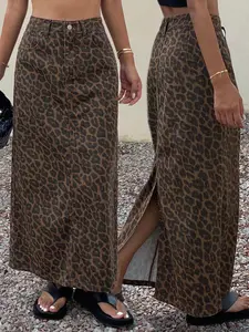 Women's Straight Denim Skirt, Thin Summer Spring New Leopard Pattern Split A-Line Midi Bodycon One-Step Dress, Casual Fitted Button Closure
