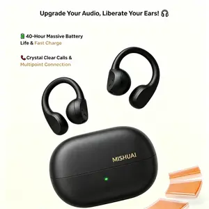 MISHUAI Open Ear Headphones Bluetooth 6.0, 5g Ultra-Light, 40H Battery, IPX6 Waterproof, 720° Surround Sound for Workout & Gaming, Clip-On Design, Zero Ear Fatigue ENC Headset Assistant Voice Smart with