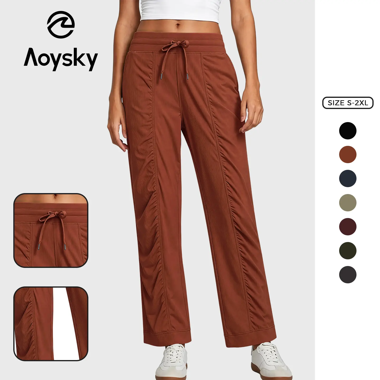 Aoysky Womens Straight Leg Pants Drawstring Lightweight Ruched Casual Pants | elastic high waist lounge pants for women, workout athletic pants with pockets, ruched front, breathable