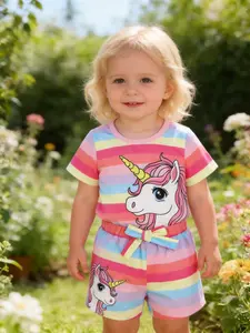 Baby Girls Unicorn Rainbow Striped Short Sleeve T-Shirt and Shorts Set, Spring Summer Casual, Perfect for Daily Play and Outdoor Sports