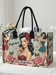 1 piece of retro lady 'Pinup Perfection' 2D printed large capacity storage bag, Casual Tote Bag, Tote Handbag, extra large storage bag, sturdy handle, space-saving multi-purpose, suitable for use at school, on business trips, and shopping