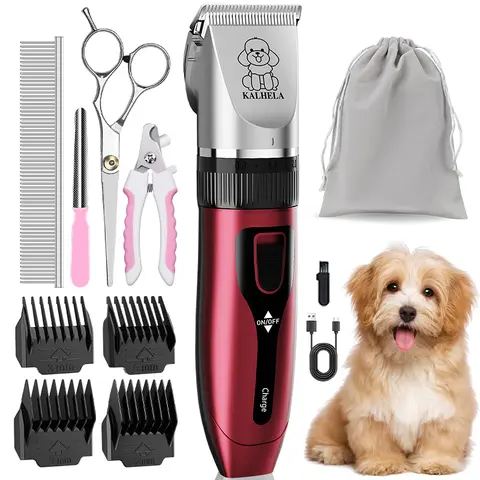 KALHELA Rechargeable Grooming Kit - Low Noise Cordless Clippers with Ceramic Blade, 4 Guide Combs, ABS Plastic, Charger, Grooming Accessories for Home Grooming of Thick-Coated Dogs’ Beauty or Hair Care