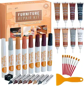 Furniture Repair Kit 34PC - Brushes, Markers, Scraper, Resin Wood Filler, Fillers with Wood Putty, Any Color Wood Combination, Scratch Repair
