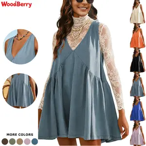 Woodberry Women's V-Neck Sleeveless Mini Dress - Minimalist Basic Lady's Piece, Casual Comfy Chic Loose Pleated Flowy Beach Sun Tank Dress with Pockets, Mesh Top Layerable Womenswear,summervibes Vneck